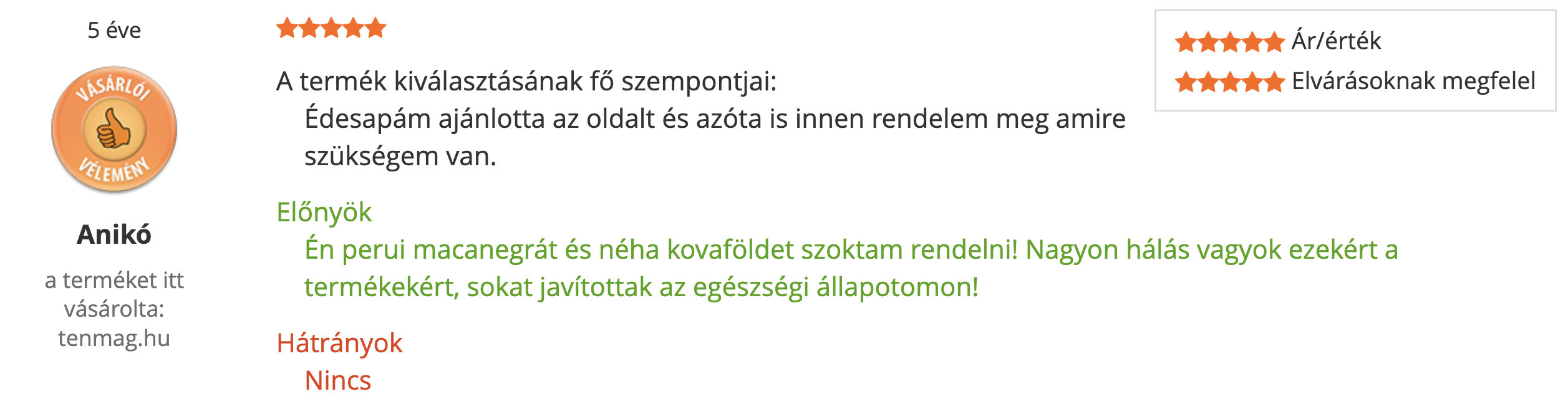 Tenmag Perui Maca Negra Árukereső vásárlói vélemény